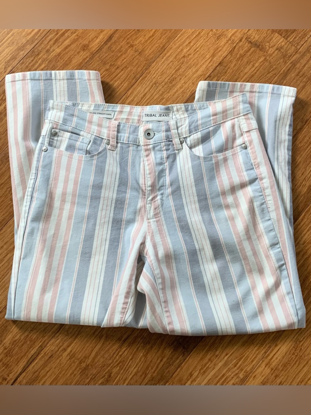 Vintage 70’s style Tribal faded red, white and blue Striped Cropped Pants.